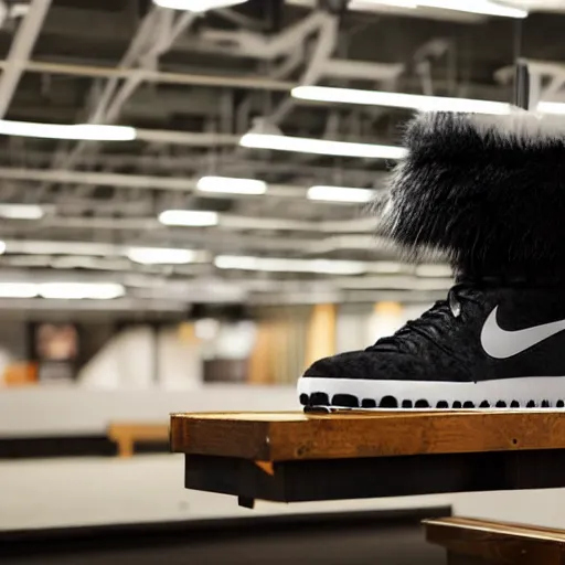 Image similar to nike shoe made of very fluffy black faux fur placed on reflective surface, professional advertising, overhead lighting, heavy detail, realistic by nate vanhook, mark miner