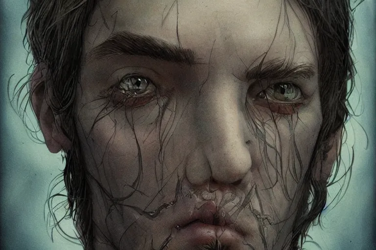 Image similar to man face, concept art, fantasy illustration, sharp focus, intricate details, by tran nguyen and wylie beckert