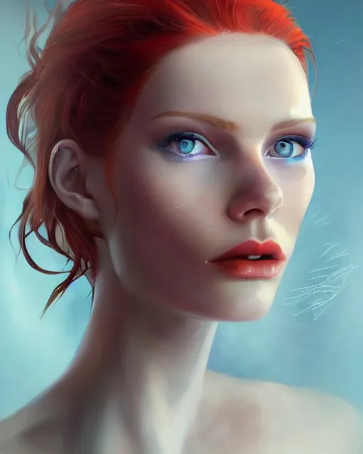 Prompt: a portrait of a beautiful woman with red hair and blue eyes, half surrealism half futurism, centered face, the left side of her face is diabolic, the right side of her face is angelic, digital art by Ross Tran and Angel Ganev highly detailed, trending on artstationhq
