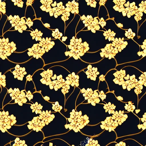 Image similar to repeating pattern of gold cherry blossoms on a black background,