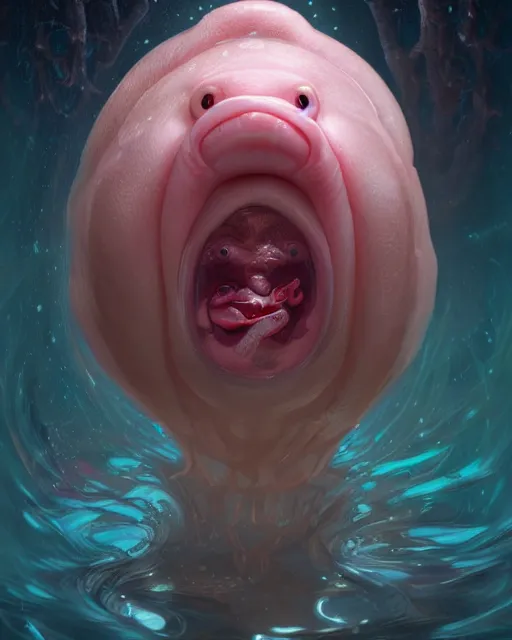 Image similar to portrait of a cute female blobfish, bioluminescent, veins, horror, happy, highly detailed, digital painting, cinematic, hyperrealism, dark retrowave, art by stanley lau and artgerm and magali villeneuve and alphonse mucha, artstation, octane render, cgsociety