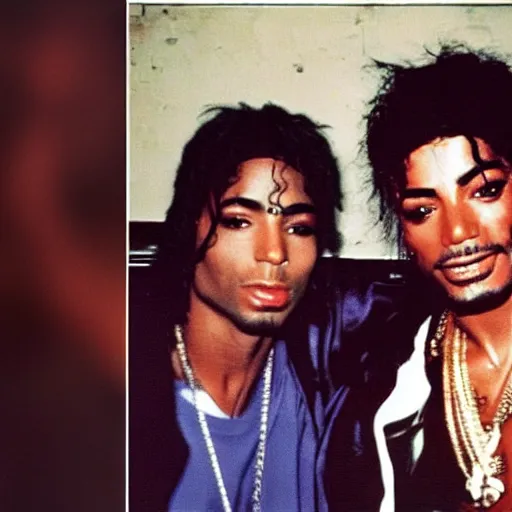 Image similar to Tupac and Michael Jackson hanging out at a bar, grainy photo, found footage, hidden camera.