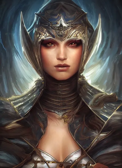 Prompt: a highly detailed symmetrical painting of a female fantasy ranger with piercing beautiful eyes in dark tomb setting, dynamic lighting, ambient lighting, trending on artstation, art by artgerm and karol bak and mark brooks
