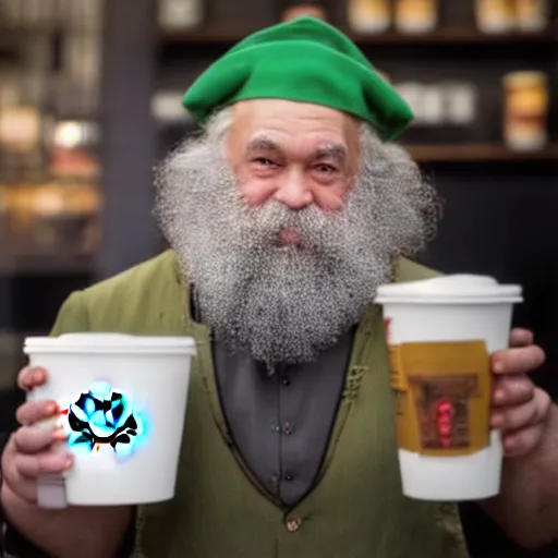 Image similar to Karl Marx dressed as Starbucks barista, photography, 4k