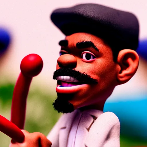 Image similar to a cinematic film still of a claymation stop motion film starring chance the rapper as a college student, shallow depth of field, 8 0 mm, f 1. 8