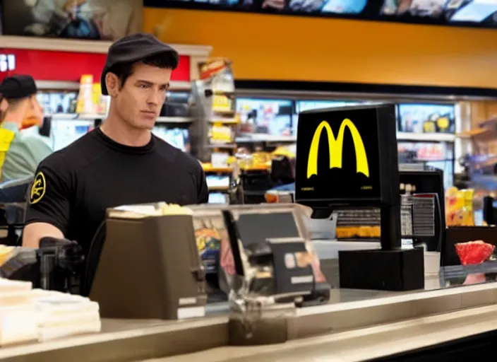 Image similar to film still of Batman working as a cashier at McDonalds in the new batman movie, 4k