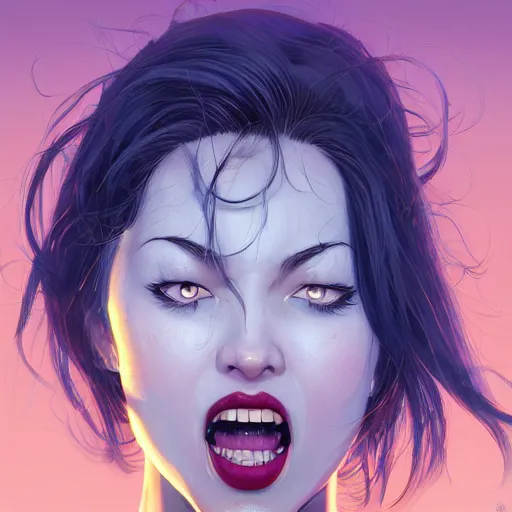 Image similar to wide open wife mouth, close - up, cry, cruelty, defiant, pin - up, full lips, symmetrical teeth, light effect, hyper detailed, intricate, elegant, highly detailed, digital painting, artstation, concept art, matte, sharp focus, illustration, by dan mumford, yusuke murata, makoto shinkai, ross tran