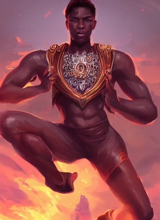 Image similar to a highly detailed illustration of attractive young african fire god with short hair, wearing track and field suit, heroic jumping pose, intricate, elegant, highly detailed, centered, digital painting, artstation, concept art, smooth, sharp focus, league of legends concept art, wlop