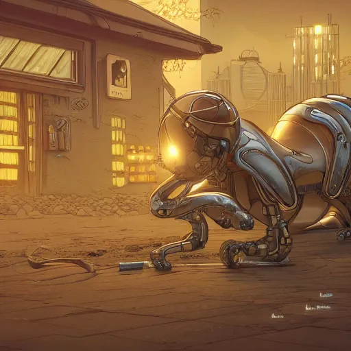 Image similar to gold and silver tones, cybernetic cat village, style of moebius, james jean, rutkowski, cinematic, high detail, award winning, 8 k photorealistic