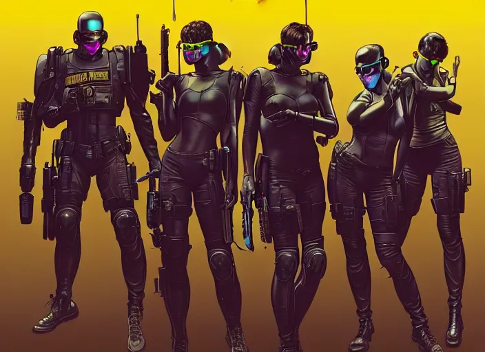 Prompt: cyberpunk swat team assaulting corporate compound. portrait by stonehouse and mœbius and will eisner and gil elvgren and pixar. character design. realistic proportions. cyberpunk 2 0 7 7 character art, blade runner 2 0 4 9 concept art. cel shading. attractive face. thick lines. the team. diverse characters. artstationhq.