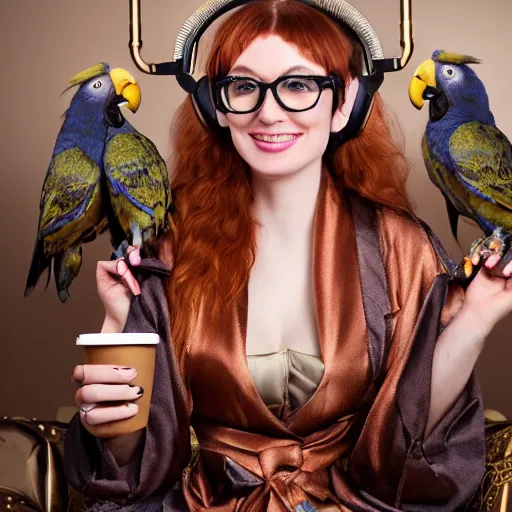 Image similar to a stunning hyper-detailed closeup portrait photo of a beautiful smiling bespectacled woman with long auburn hair and bangs, wearing a luxurious robe, wearing steampunk headphones and posing with her raccoons and parrots in an overstuffed easy chair in her sunlit living room, holding a coffee cup and a donut and smoking an elaborate hookah, perfect eyes, octane render, unreal engine, 85 mm lens,