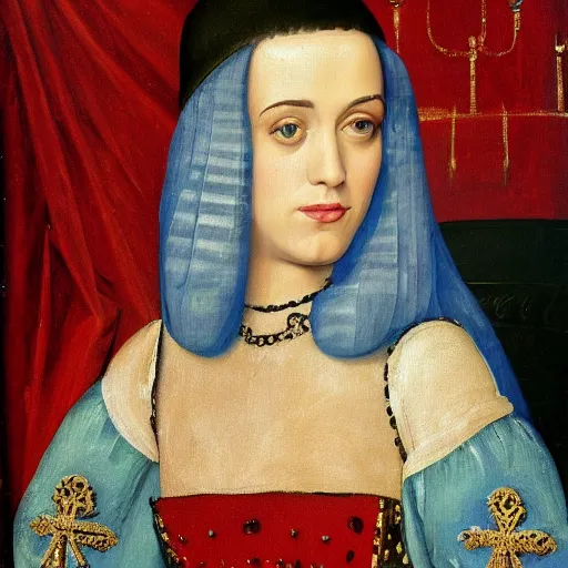 Prompt: painting of queen katy perry, medieval, oil painting, museum, portrait