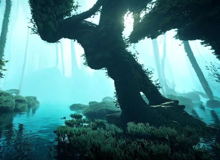 Image similar to a forest that grows upside down entirely underwater. Intricate. Very detailed 8k. Fantasy horror. Sharp. Cinematic post-processing. Unreal engine. Nanite. Ray tracing. Parallax. Tessellation