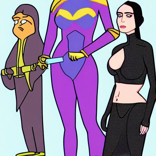 Prompt: kim kardashian in star wars with the beatles and bird person from rick and morty simpsons style high detail