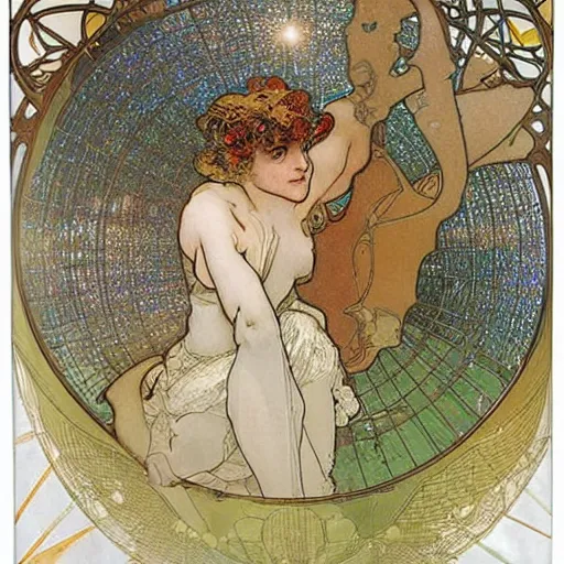 Prompt: night time in an english village, spherical cage, constellation, spherical shiny sparkly metallic cage, by mucha