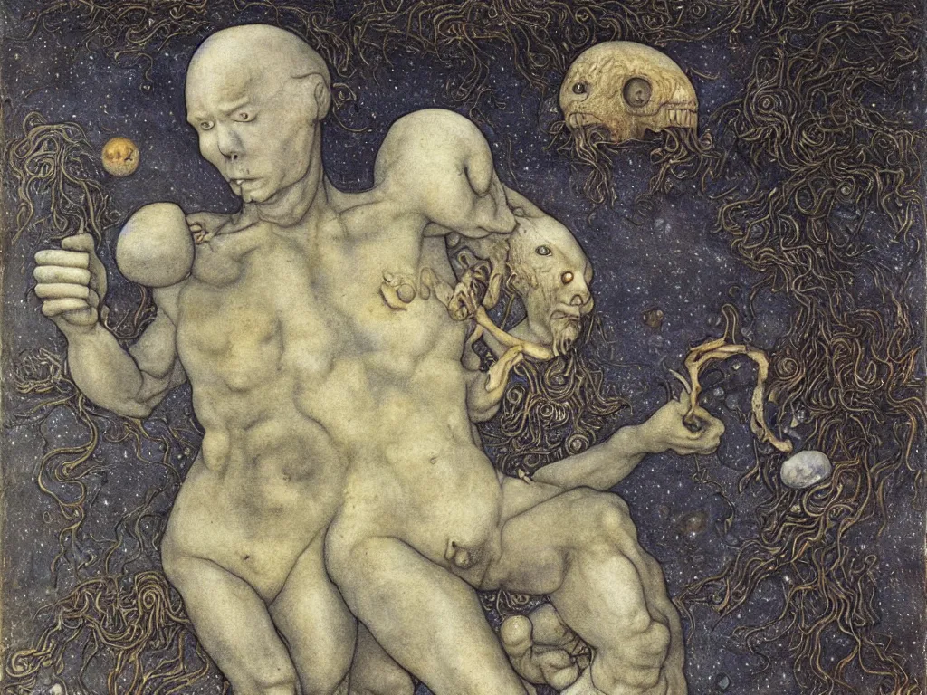Prompt: Portrait of an albino demigod sculptor of cosmic clouds, Henri Moore, with alien, icy, crystal fungus creatures on a comet a million years ago. The horse dust. Painting by Lucas Cranach, Moebius, Alfred Kubin