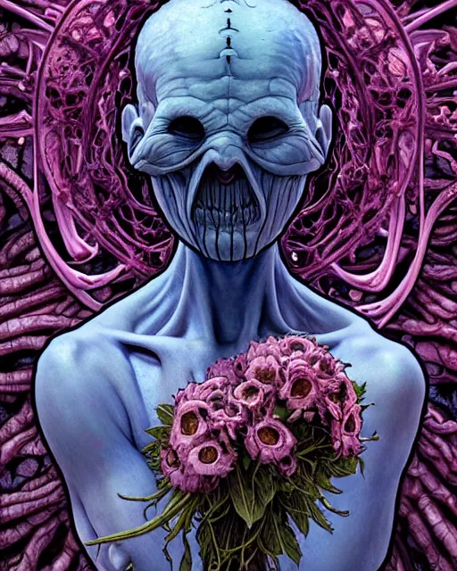 Image similar to the platonic ideal of flowers, rotting, insects and praying of cletus kasady ultimate carnage thanos dementor doctor manhattan chtulu nazgul davinci, detailed, intricate, hyperrealism, intense, scary, decay, dmt, art by brock hofer and artgerm and greg rutkowski and alphonse mucha and simon stalenhag