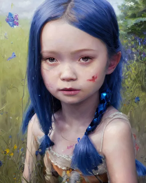 Image similar to a highly detailed oil painting of A little girl, in professional makeup, with medium length blue hair covering an eye, and a garden with dog, and large obsidian crystals, cinematic lighting, dramatic atmosphere, by Dustin Nguyen, Akihiko Yoshida, Greg Tocchini, Greg Rutkowski, Cliff Chiang, 4k resolution, trending on artstation