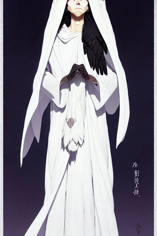 Image similar to raven headed warlock doing magic spells wind, white robes, finely detailed perfect face, exquisite details, mid view, design on a white background, by studio muti, greg rutkowski makoto shinkai takashi takeuchi studio ghibli