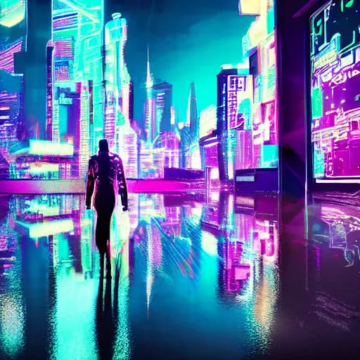 Image similar to cyberpunk city with a woman with a side head shave. city lights of aqua, green, and purple neon lighting, reflections