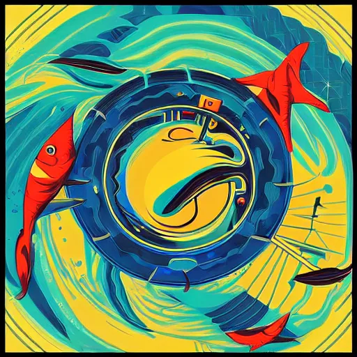 Image similar to one stylized fish in center of view, viewed in profile, dark ocean, complex patterns, artstation, intricate, realistic, highly detailed, digital painting, concept art, sharp focus, illustration by tom whalen and charles williams and kilian eng and james jean