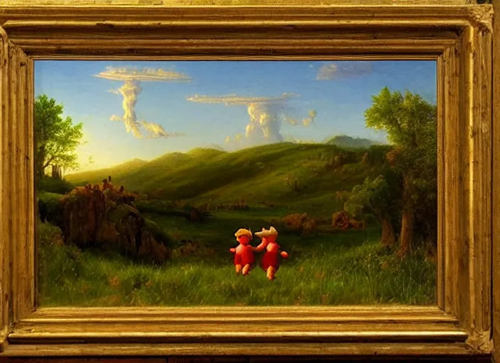 Image similar to american realist romanticism landscape painting of teletubbies in the style of hudson river school and thomas cole and albert bierstadt and robert duncanson