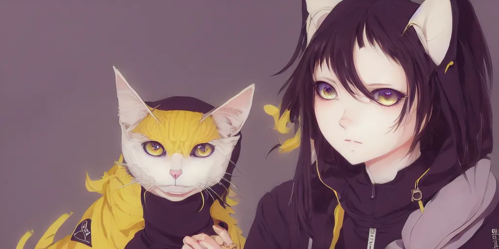 Image similar to with yellow eyes, a beautiful anime cyborg - girl wearing a cat hoodie, wlop, ilya kuvshinov, artgerm, krenz cushart, greg rutkowski, hiroaki samura, range murata, james jean, katsuhiro otomo, erik jones, serov, surikov, vasnetsov, repin, kramskoi