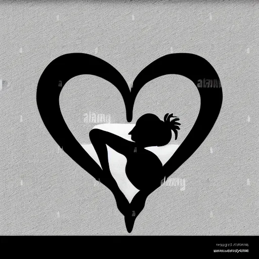 Prompt: clean black and white print on white paper logo of a symmetric heart with a stylized gymnast human body silhouette inside by carolyn davidson 1 2 3 4 5 6