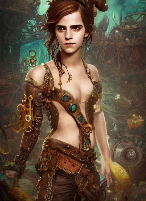 Prompt: underwater pirate steampunk portrait of emma watson, hyper detailed, digital art, cinematic lighting, studio quality, smooth render, unreal engine 5, octane rendered, art style by klimt and nixeu and ian sprigger and wlop and krenz cushart.