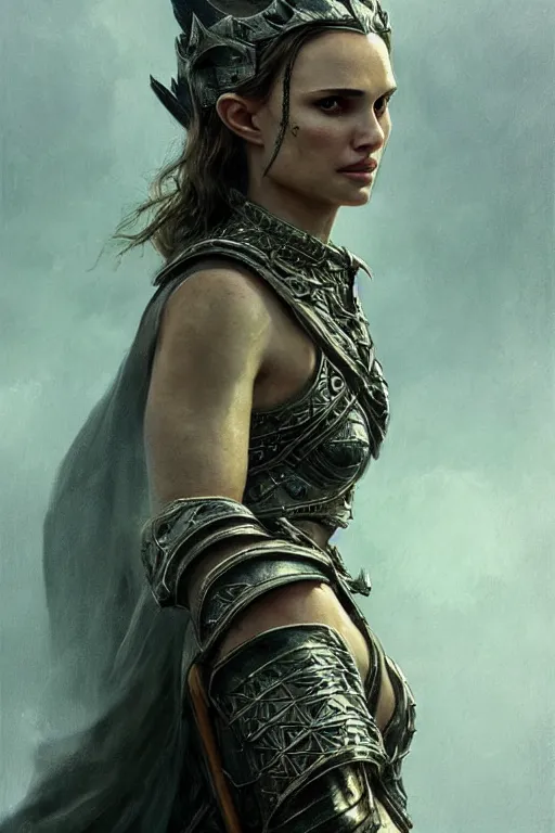 Image similar to natalie portman, legendary warrior, heroic, lord of the rings, tattoos, decorative ornaments, battle armor, by carl spitzweg, ismail inceoglu, vdragan bibin, hans thoma, greg rutkowski, alexandros pyromallis, perfect face, fine details, realistic shading photorealism