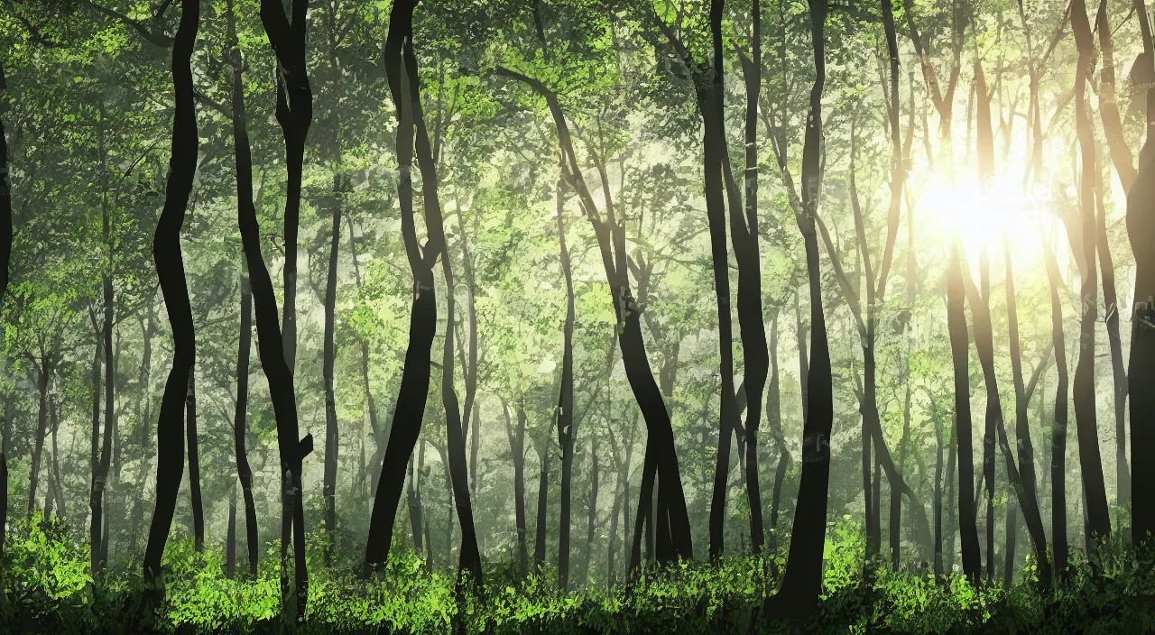 Prompt: vector art of the inside of a forest with sun rays shining through the trees, 4 k,