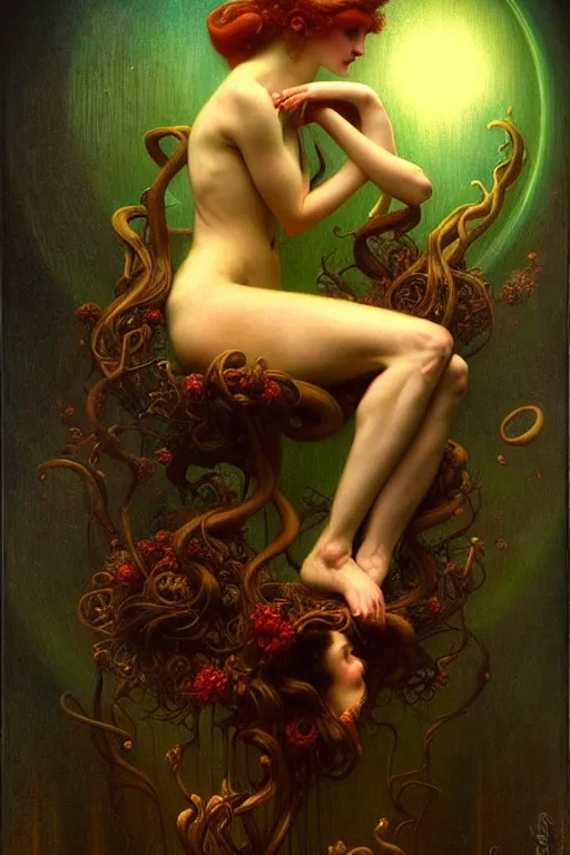 Image similar to complex dynamical systems infected by night by tom bagshaw in the style of a modern gaston bussiere, alphonse muca, victor horta, steichen. anatomically correct. extremely lush detail. masterpiece. melancholic scene infected by night. perfect composition and lighting. sharp focus. high contrast lush surrealistic photorealism.