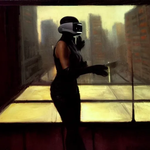 Prompt: rachael from bladerunner in vr helmet standing on the ledge by jeremy mann and edward hopper