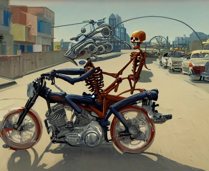 Image similar to a very detailed painting of a skeleton wearing a suit, riding a motorbike down a street, harley davidson motorbike, worm's - eye view, very fine brush strokes, very aesthetic, very futuristic, in the style of edward hopper and grant wood and syd mead, 4 k,