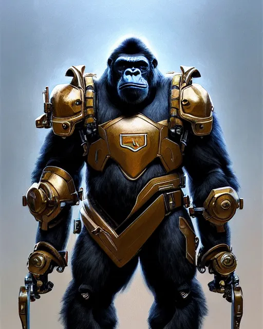 Image similar to winston the gorilla with a armor helmet on from overwatch, character portrait, portrait, close up, concept art, intricate details, highly detailed by greg rutkowski, michael whelan and gustave dore