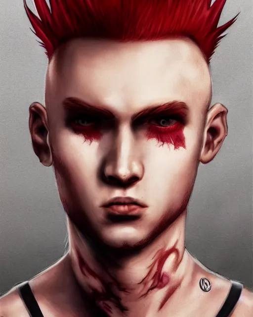 Prompt: young man with a short red dyed mohawk, red eyes and a slim face, gauged ears, dressed in crustpunk clothing, headshot, attractive, handsome, in color, no makeup, model, trending on artstation, high quality art, character design, realism