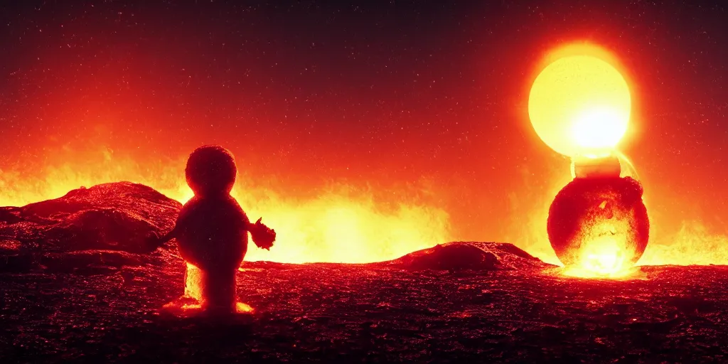 Image similar to a melted glowing snowman melting on top of the sun. the ground is made of fire and lava and is glowing orange. cinematic, dramatic, epic, volumetric lighting, atmospheric, red, orange extremely coherent, masterpiece, highly detailed, trending on artstation, 8 k, space, warm, solar flare, blade runner 2 0 4 9