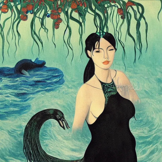 Image similar to tall emo female artist holding a mermaid in her flooded kitchen, pomegranates, octopus, water gushing from ceiling, painting of flood waters inside an artist's apartment, a river flooding indoors, ikebana, zen, rapids, waterfall, black swans, canoe, berries, acrylic on canvas, surrealist, by magritte and monet