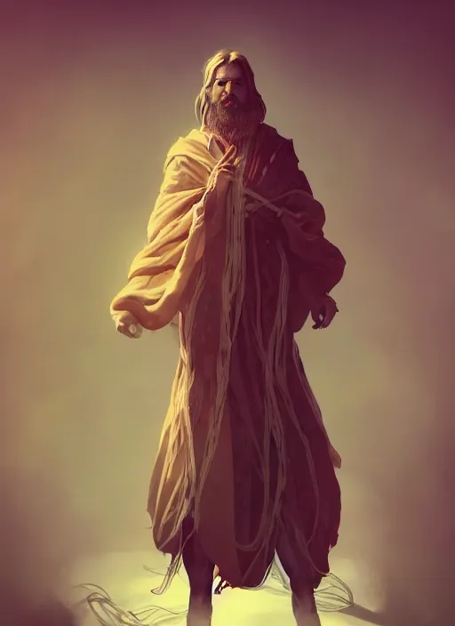 Prompt: beautiful illustration of a wizard with a robe made of ribbons of flesh, in the style abigail larsonand and sam guay, rim light, beautiful lighting, 8 k, stunning scene, octane, trending on artstation