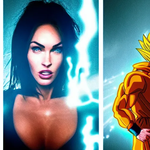 Image similar to face photo of megan fox as super saiyan as goku powering up wearing hoodie electric energy dramatic lighting by annie leibovitz