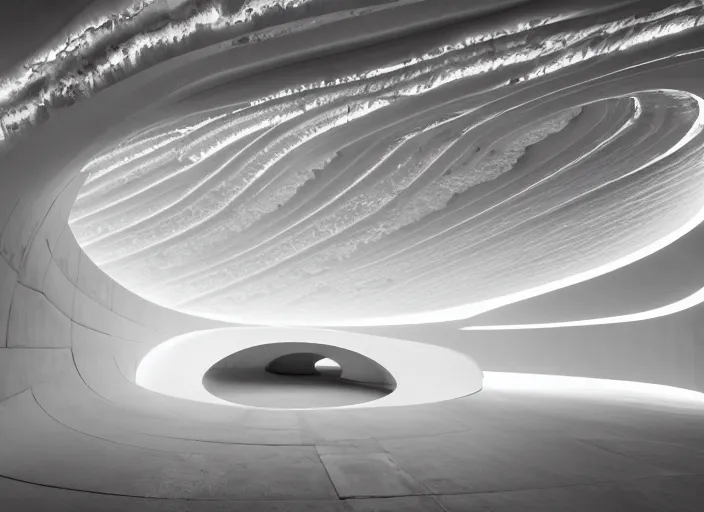 Image similar to a circular portal structure in the centre of an abandoned zen white cave full of geodes, beautiful curves, golden ratio, epic lighting, unusual composition, 4 k, zaha hadid, irakli nadar