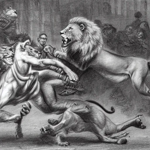 Image similar to hero fighting against a lion in the middle of an arena, crowd of people, pencil art, added detail, high definiton