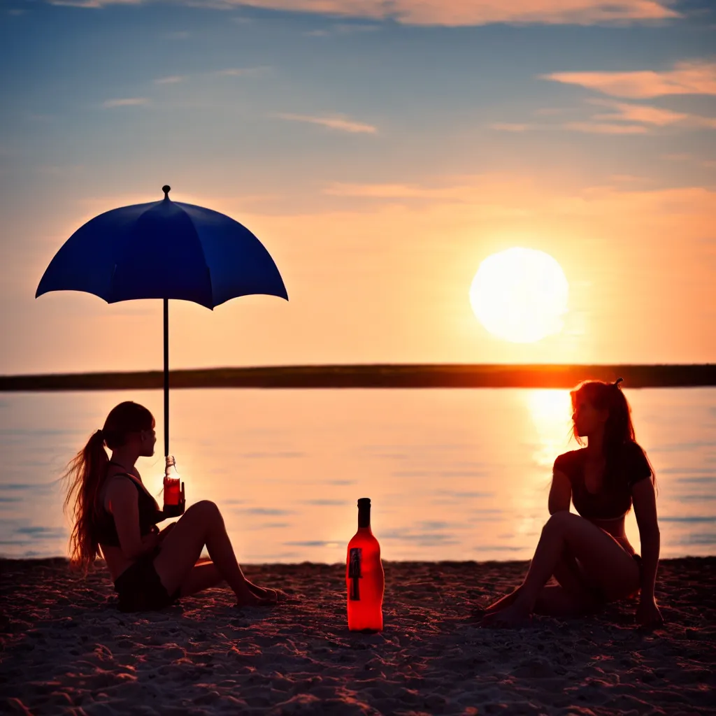 Image similar to a sad girl in a t - shirt sits on the beach under an umbrella and drinks vodka from a bottle, sunset, russia, cinematic, landscape