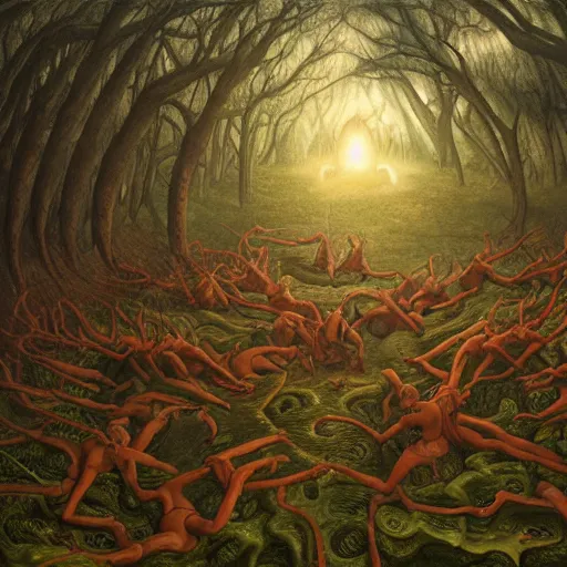 Image similar to crouching demons forming a circle in the woods, by Dan Seagrave and by Dan Witz, glossy digital painting, 8k resolution