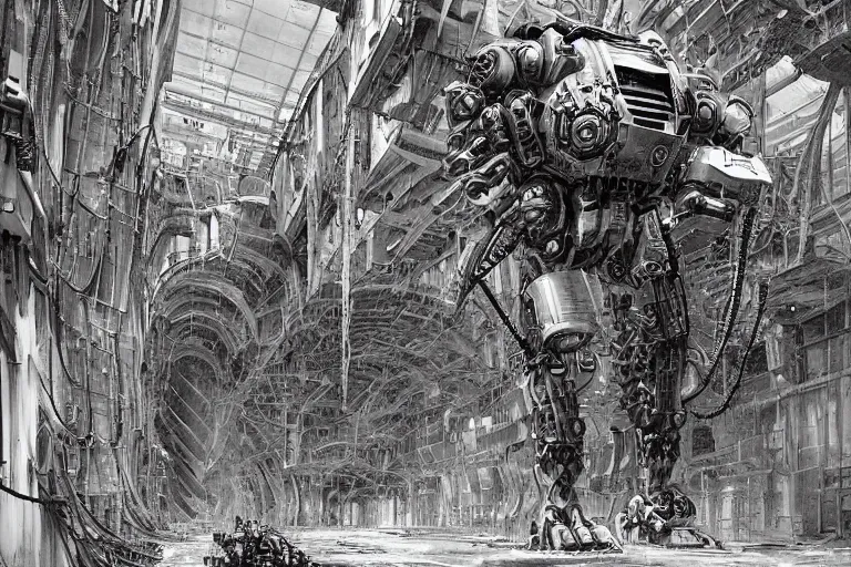 Image similar to dieselpunk mechs that look like Dragonfly, inside an gigantic underground concrete doom hangar, interior structure, drains, storm drains, jungle, vines, algea, cables, panels, walls, ceiling, floor, doors, brutalist architecture, intricate ink drawing, highly detailed in the style of Ashley Wood, moebius and Tsutomu Nihei, photorealistic, cinematic, intricate detail, well lit,