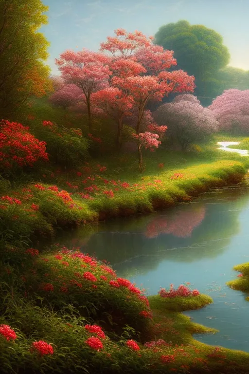 Image similar to a beautiful digital illustration painting river among the flowers by benoit b. mandelbrot, steven belledin, martin johnson heade, lee madgwick, caspar david friedrich, and david rios ferreira. 8 k resolution trending on artstation concept art digital illustration