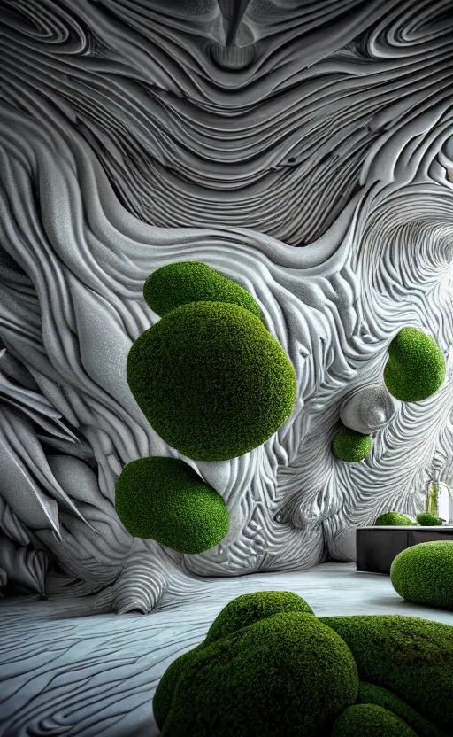 Image similar to highly detailed ultra sharp 3 d render villa interior cinematic composition of a smooth ceramic porcelain biomorphic magnolia stone nebula fluid fractal sci - fi surreal architecture landscape, granite, metallic, magnesium, marble, moss and lichen, vincent callebaut composition, mamou - mani, archviz, beautiful lighting, 8 k, unreal engine, hdr,