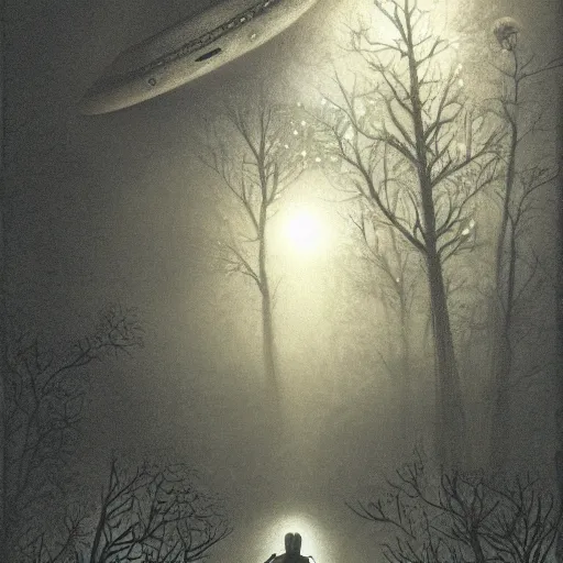 Prompt: stand by me river phoenix looking at a ufo, night time forest with a ufo in the fog, scary, matte detailed photo, DeviantArt, Artstation, by donato giancola, ralph horley, loish, ufo lighting