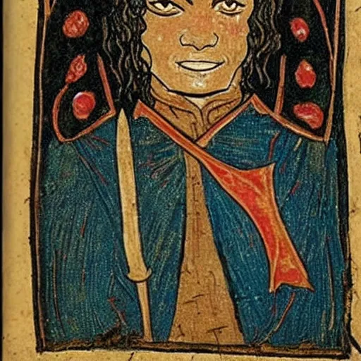 Prompt: medieval manuscript art of michael jackson