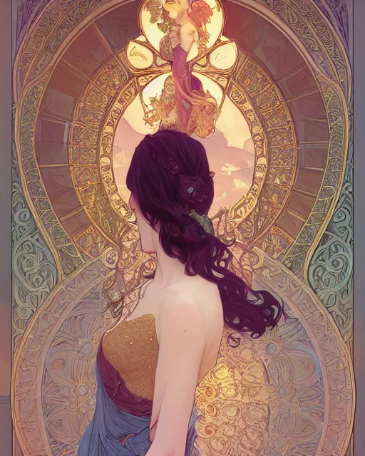 Prompt: winona ryder | highly detailed | very intricate | art nouveau | gold filigree | storybook illustration | soft cinematic lighting | award - winning | painted by mandy jurgens and alphonse mucha and alena aenami | pastel color palette | featured on artstation